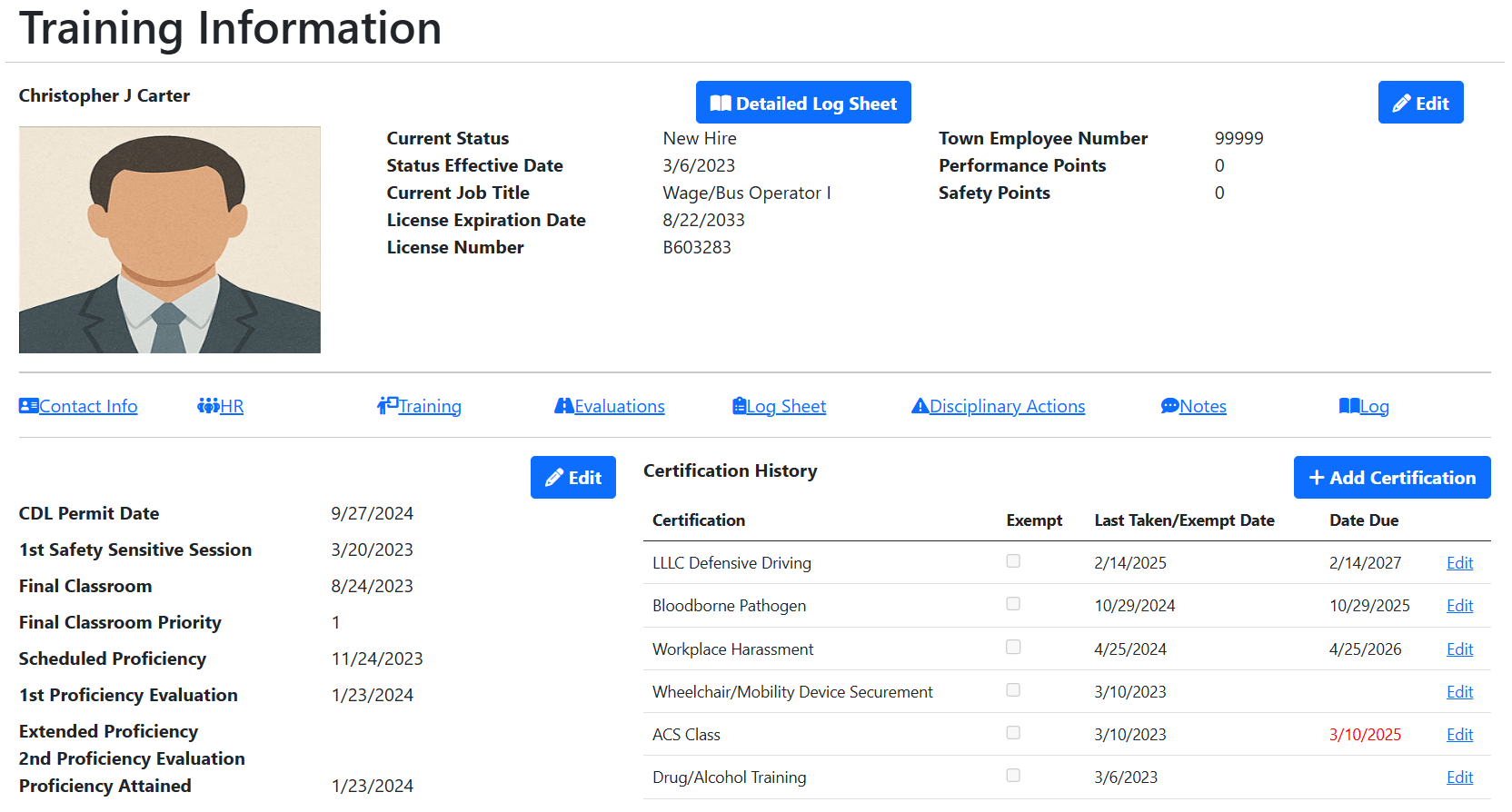 Driver management dashboard showing training compliance, performance metrics, and workforce analytics